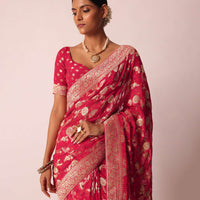 Coral Khaddi Bandhani Saree With Meenakari Detail And Unstitched Blouse Piece