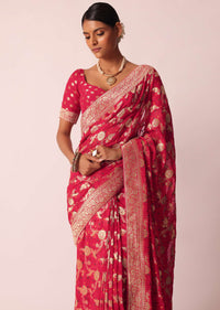 Coral Khaddi Bandhani Saree With Meenakari Detail And Unstitched Blouse Piece