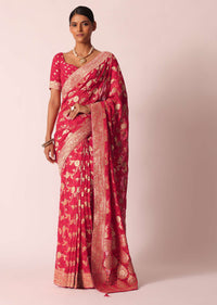 Coral Khaddi Bandhani Saree With Meenakari Detail And Unstitched Blouse Piece