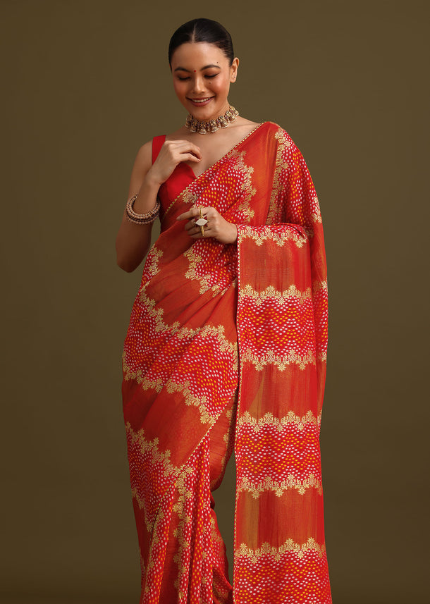 Red Khaddi Georgette Saree With Gotta Patti Border And Unstitched Blouse