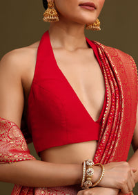 Red Khaddi Georgette Zari Weave Saree With Unstitched Blouse