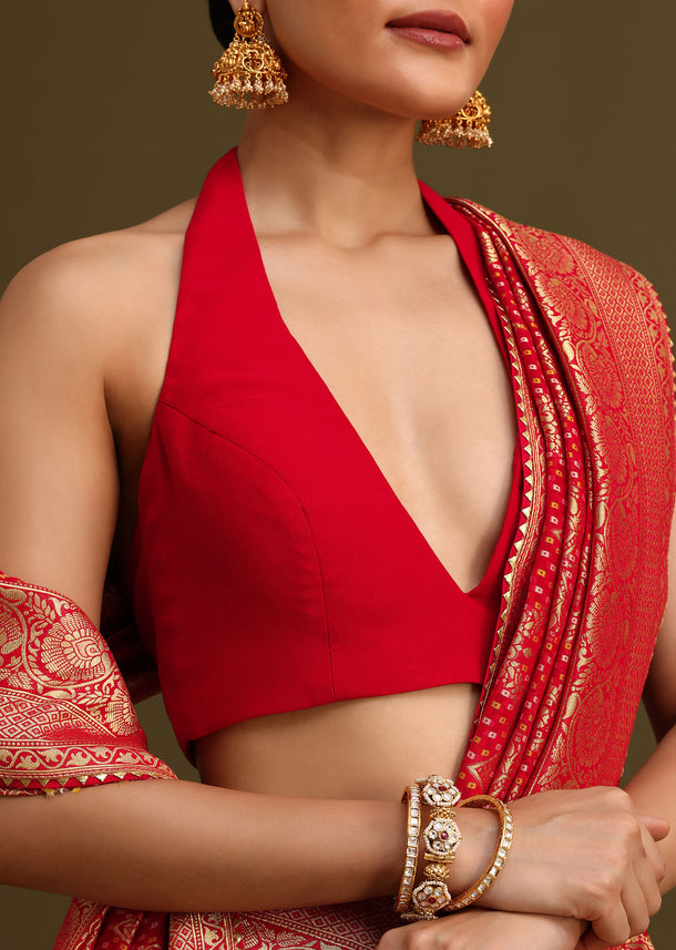Red Khaddi Georgette Zari Weave Saree With Unstitched Blouse