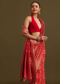 Red Khaddi Georgette Zari Weave Saree With Unstitched Blouse