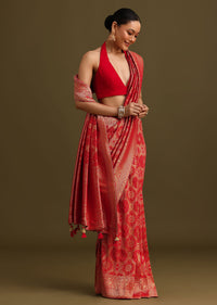 Red Khaddi Georgette Zari Weave Saree With Unstitched Blouse