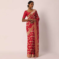 Red Khadi Gota Patti Banarasi Saree With Unstitched Blouse Piece