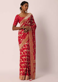 Red Khadi Gota Patti Banarasi Saree With Unstitched Blouse Piece