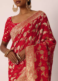 Red Khadi Gota Patti Banarasi Saree With Unstitched Blouse Piece