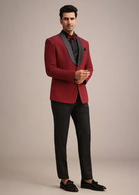 Red Knit Tuxedo Set With Pocket Square