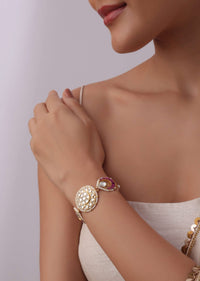 Red Kundan Bracelet With Meenakari In Gold Finished Mix Metal