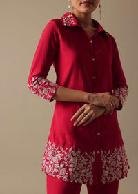 Red co ord set In Chanderi