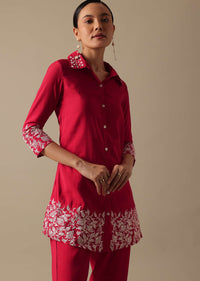 Red co ord set In Chanderi