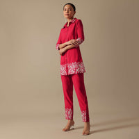 Red co ord set In Chanderi