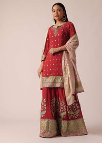 Red Kurta Palazzo Set With Hand Embroidery