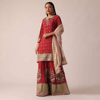 Red Kurta Palazzo Set With Hand Embroidery