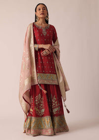 Red Kurta Palazzo Set With Hand Embroidery