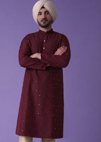 Red Kurta Set In Cotton Silk With Mirror Embroidery