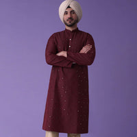 Red Kurta Set In Cotton Silk With Mirror Embroidery