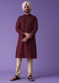 Red Kurta Set In Cotton Silk With Mirror Embroidery