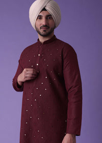 Red Kurta Set In Cotton Silk With Mirror Embroidery