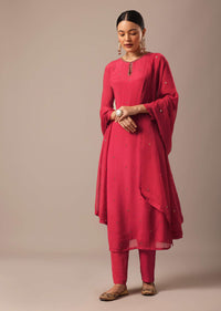 Red Kurta Set With Hand Embroidery And Organza Dupatta