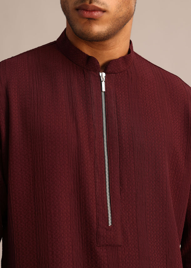 Red Kurta Set With Mandarin Collar