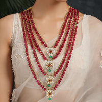 Red Layered Beads Necklace With Kundan Work And Shell Pearls