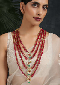 Red Layered Beads Necklace With Kundan Work And Shell Pearls