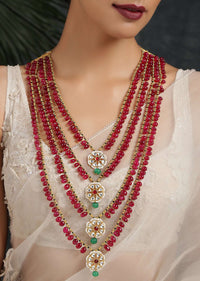 Red Layered Beads Necklace With Kundan Work And Shell Pearls