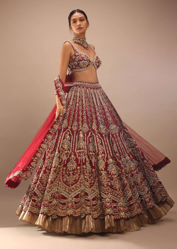 Red Lehenga And A Crop Top In Royal Heritage Embroidery, Bustier Comes In Sleeveless With Back Hooks Closure