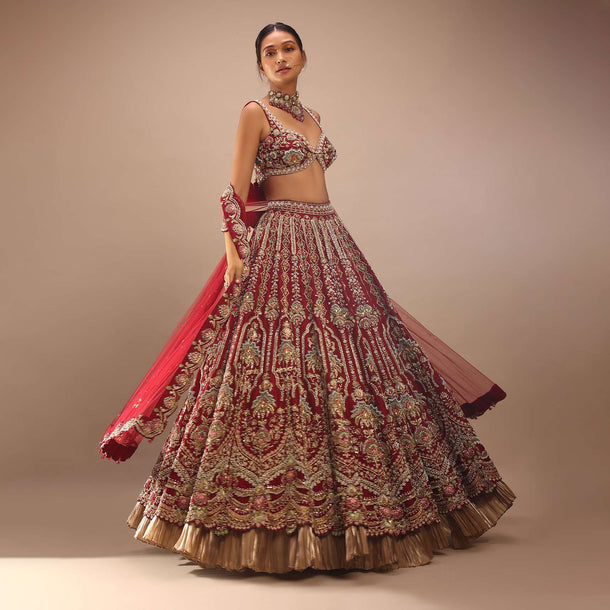 Red Lehenga And A Crop Top In Royal Heritage Embroidery, Bustier Comes In Sleeveless With Back Hooks Closure