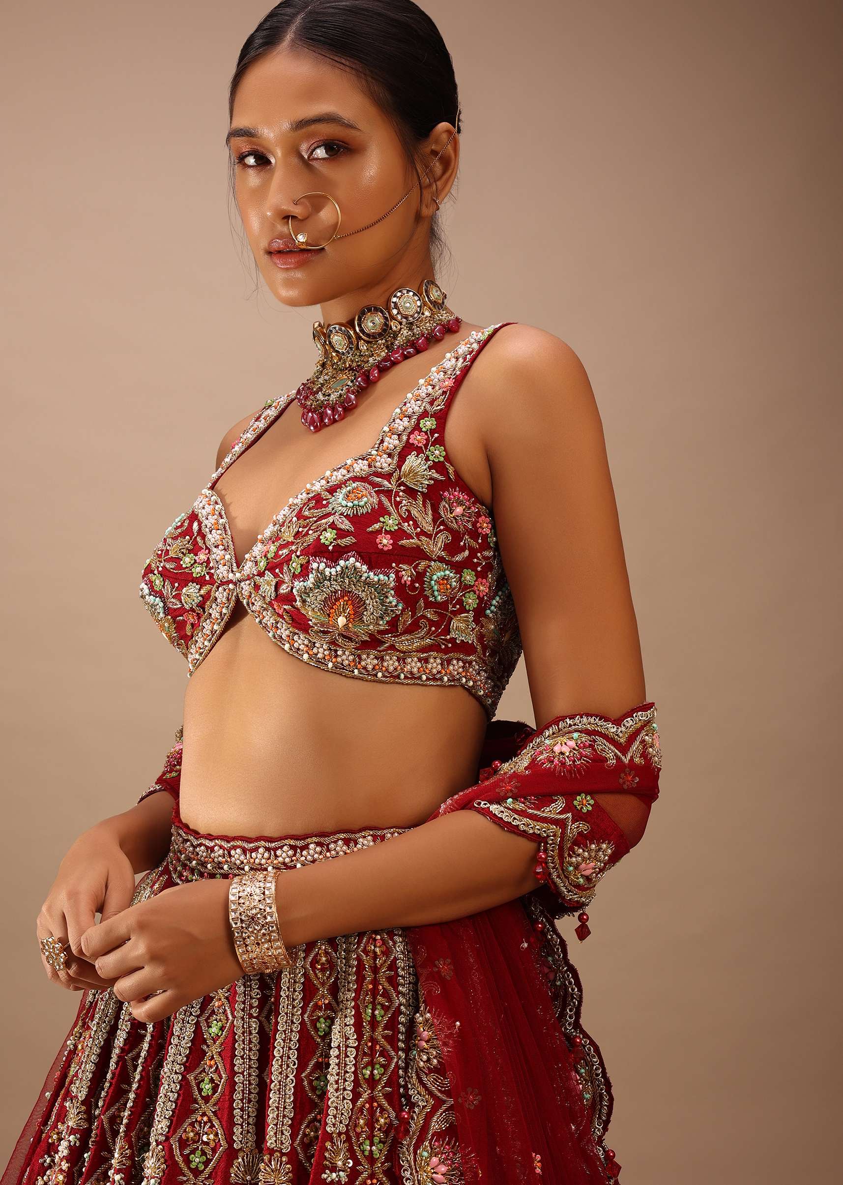 Red Lehenga And A Crop Top In Royal Heritage Embroidery, Bustier Comes In Sleeveless With Back Hooks Closure