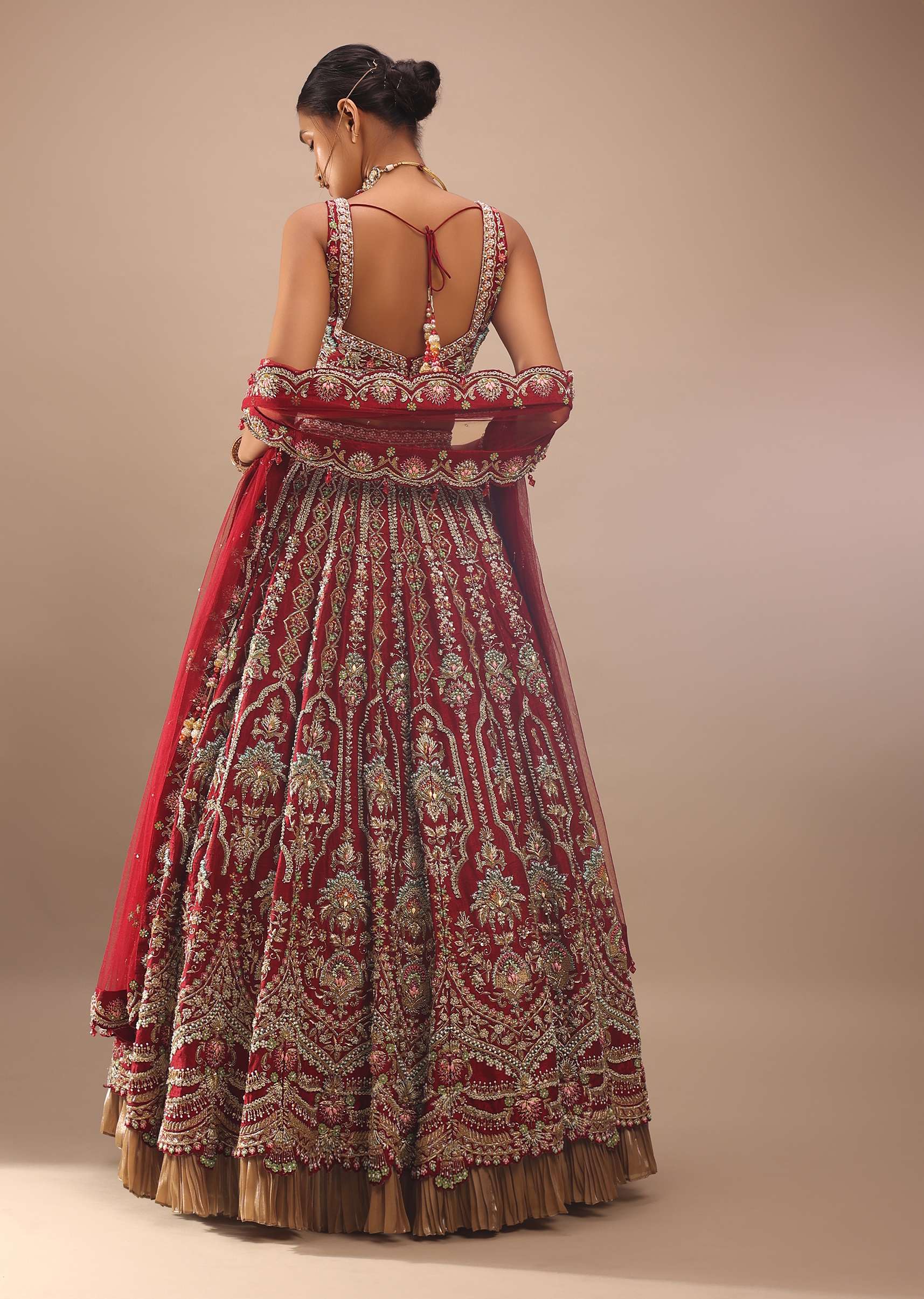 Red Lehenga And A Crop Top In Royal Heritage Embroidery, Bustier Comes In Sleeveless With Back Hooks Closure