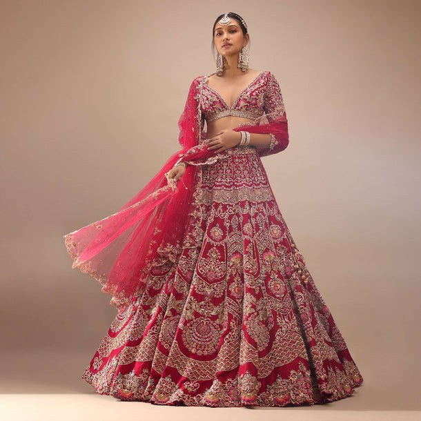 Red Lehenga In Royal Heritage Zardosi Embroidery, Crop Top With A V Neckline And Back Hooks Closure