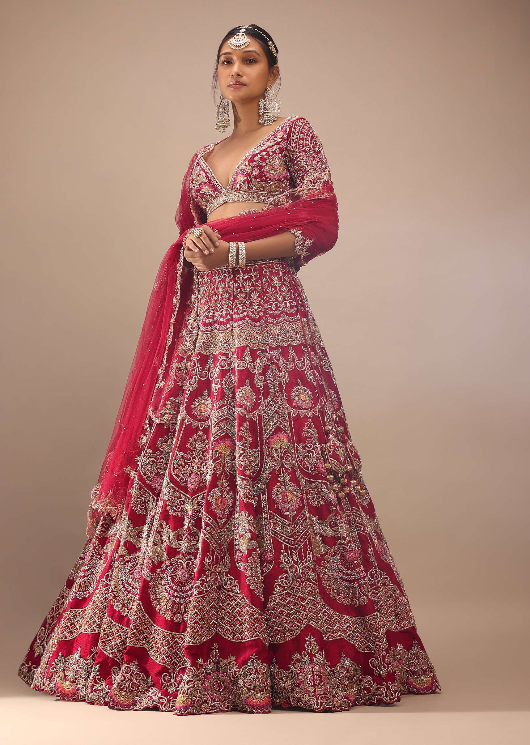 Red Lehenga In Royal Heritage Zardosi Embroidery, Crop Top With A V Neckline And Back Hooks Closure