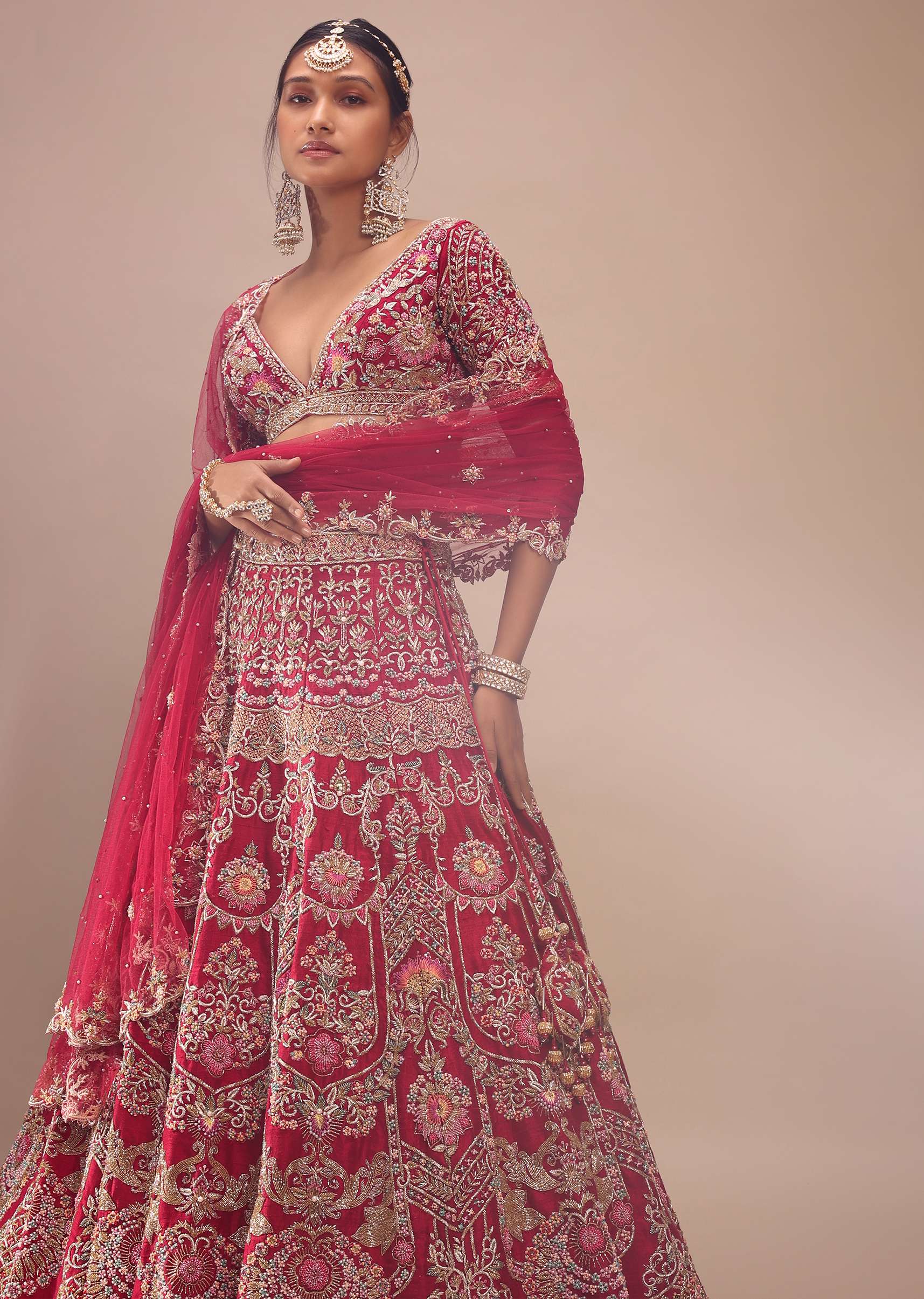 Red Lehenga In Royal Heritage Zardosi Embroidery, Crop Top With A V Neckline And Back Hooks Closure