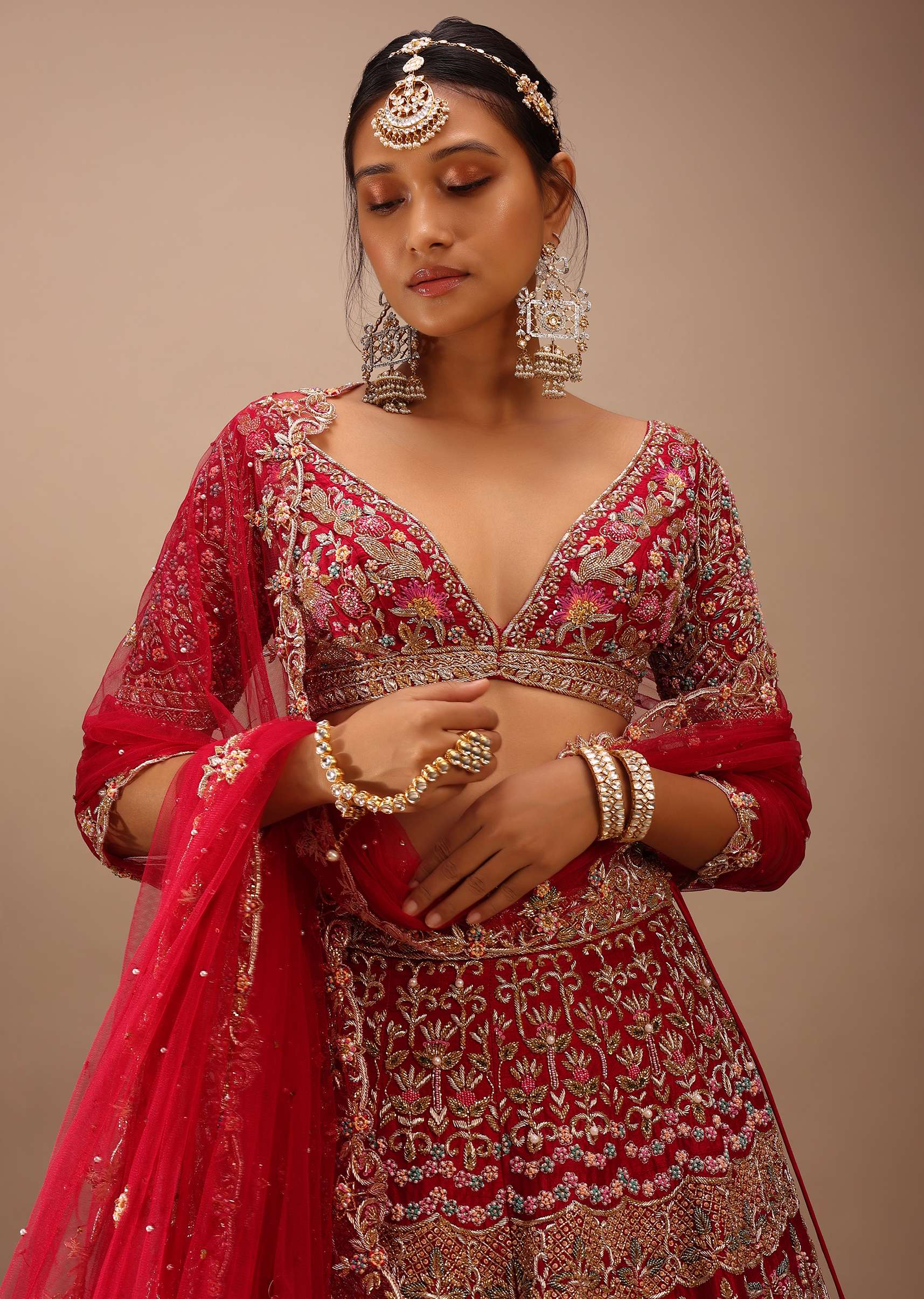 Red Lehenga In Royal Heritage Zardosi Embroidery, Crop Top With A V Neckline And Back Hooks Closure