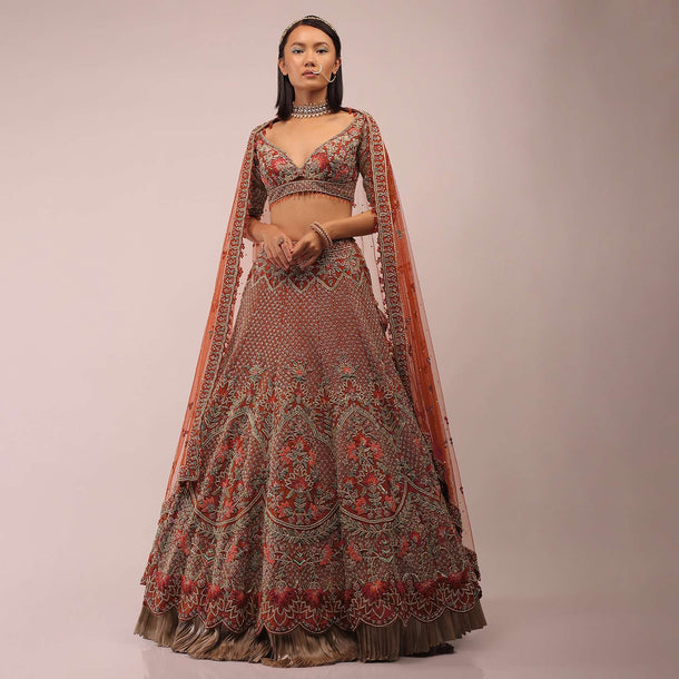 Red Lehenga In Floral Motifs Inspired By Mughal Design Embroidered In Resham And Beads In Kalis, Choli In Scalloped Neckline In Resham Work Embroidery