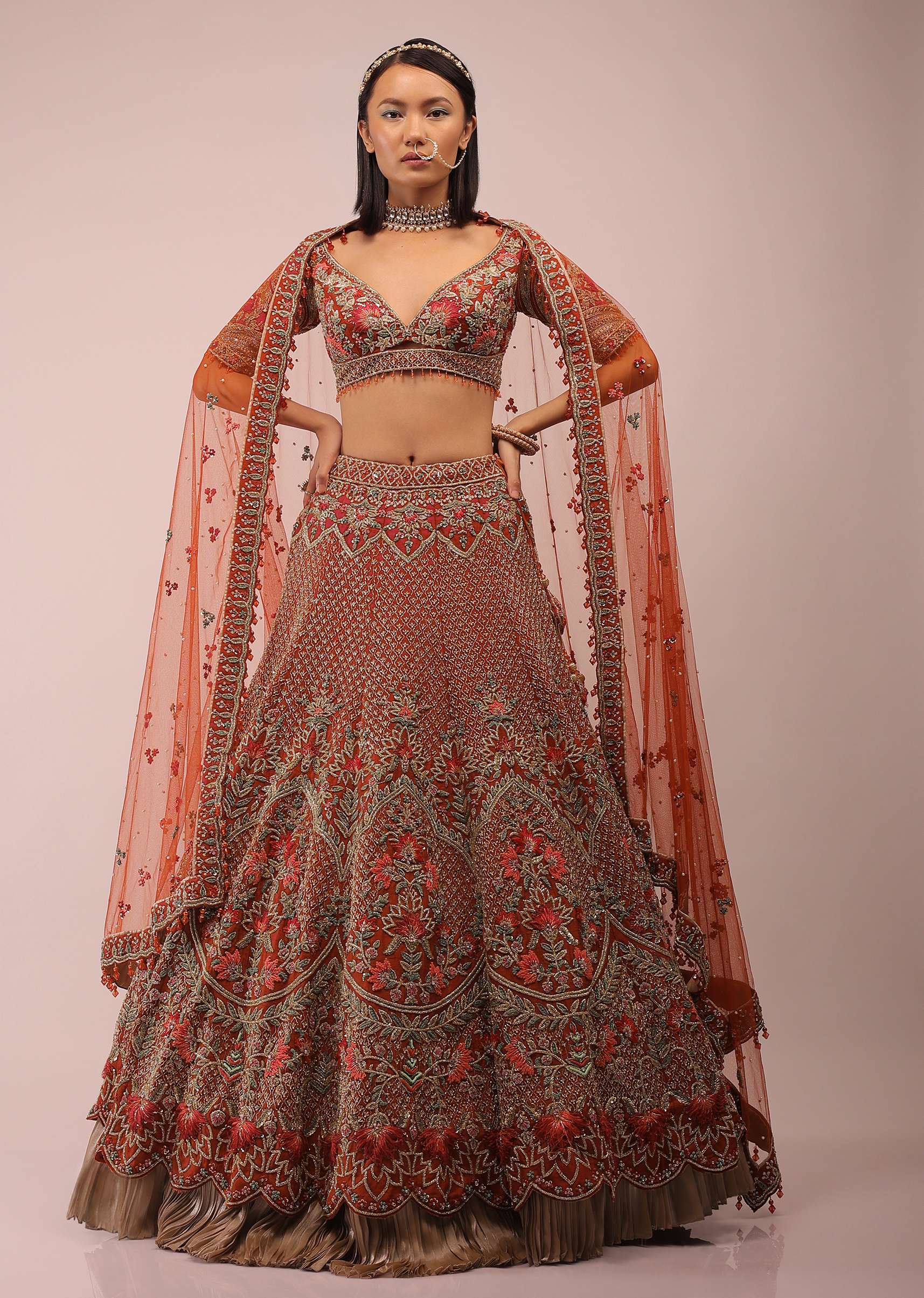 Red Lehenga In Floral Motifs Inspired By Mughal Design Embroidered In Resham And Beads In Kalis, Choli In Scalloped Neckline In Resham Work Embroidery