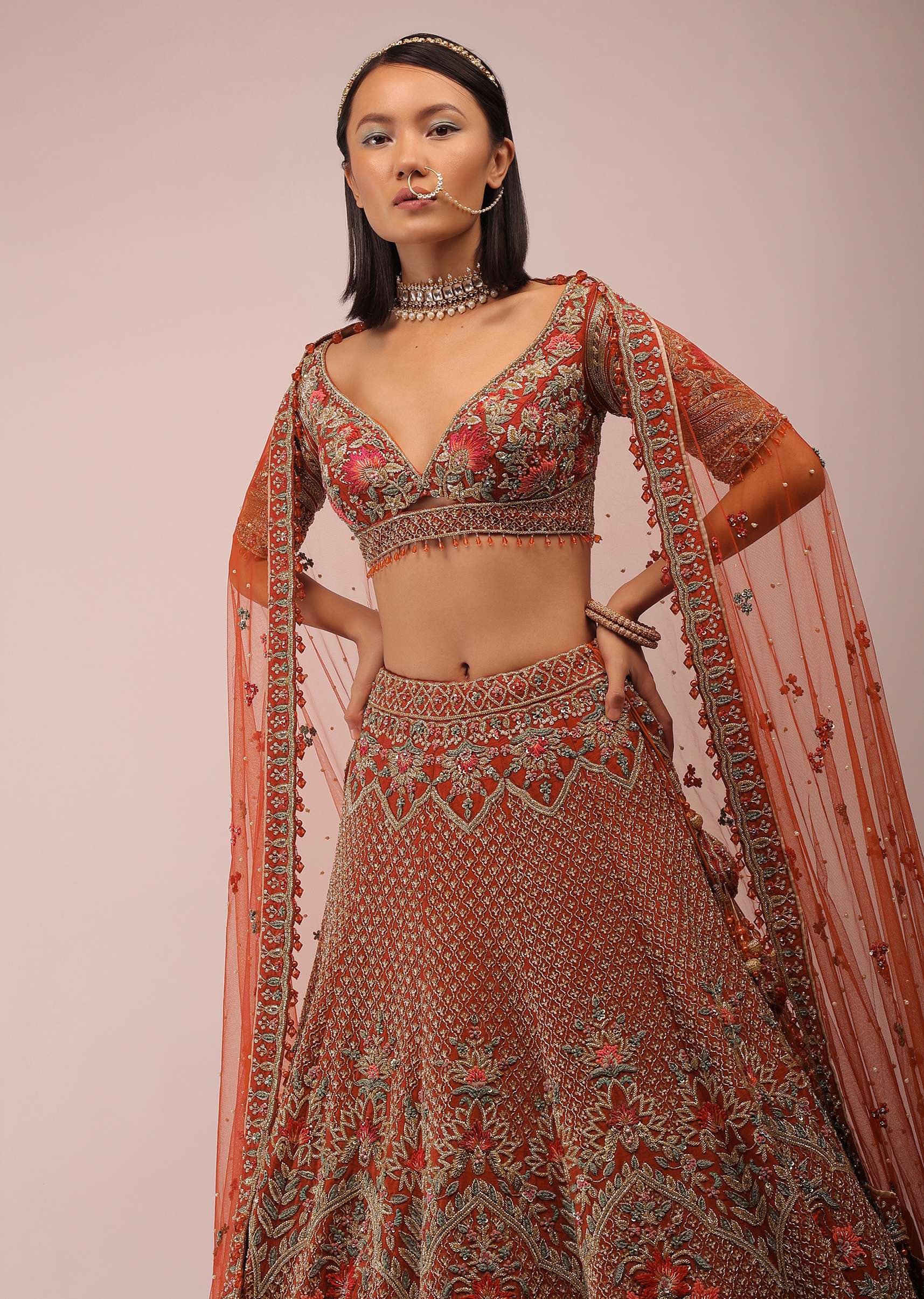 Red Lehenga In Floral Motifs Inspired By Mughal Design Embroidered In Resham And Beads In Kalis, Choli In Scalloped Neckline In Resham Work Embroidery