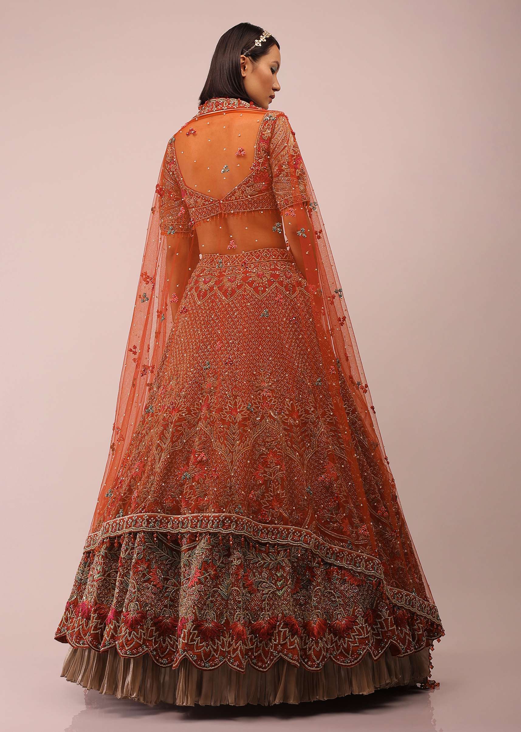 Red Lehenga In Floral Motifs Inspired By Mughal Design Embroidered In Resham And Beads In Kalis, Choli In Scalloped Neckline In Resham Work Embroidery