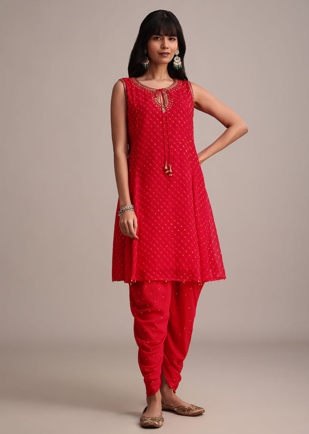 Red Leheriya Printed Kurta Dhoti Set