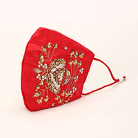 Red Mask In Satin Silk With Moti And Zardosi Embroidered Floral Motif