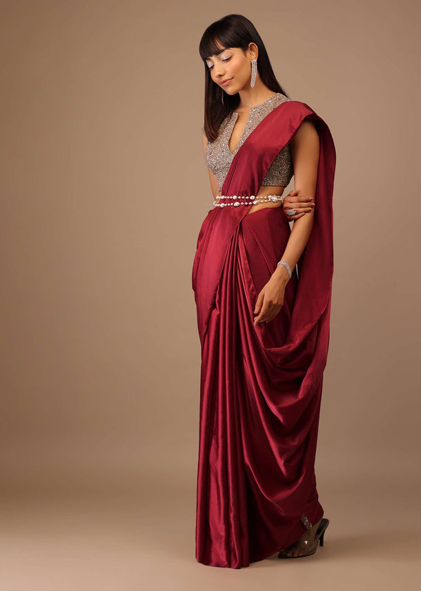 Valentine Red Milano Satin Saree With V Neck Hand Embroidered Crop Top