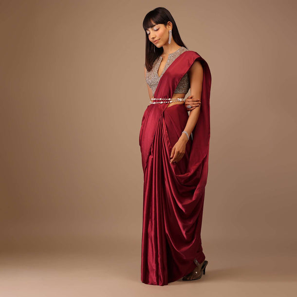 Valentine Red Milano Satin Saree With V Neck Hand Embroidered Crop Top