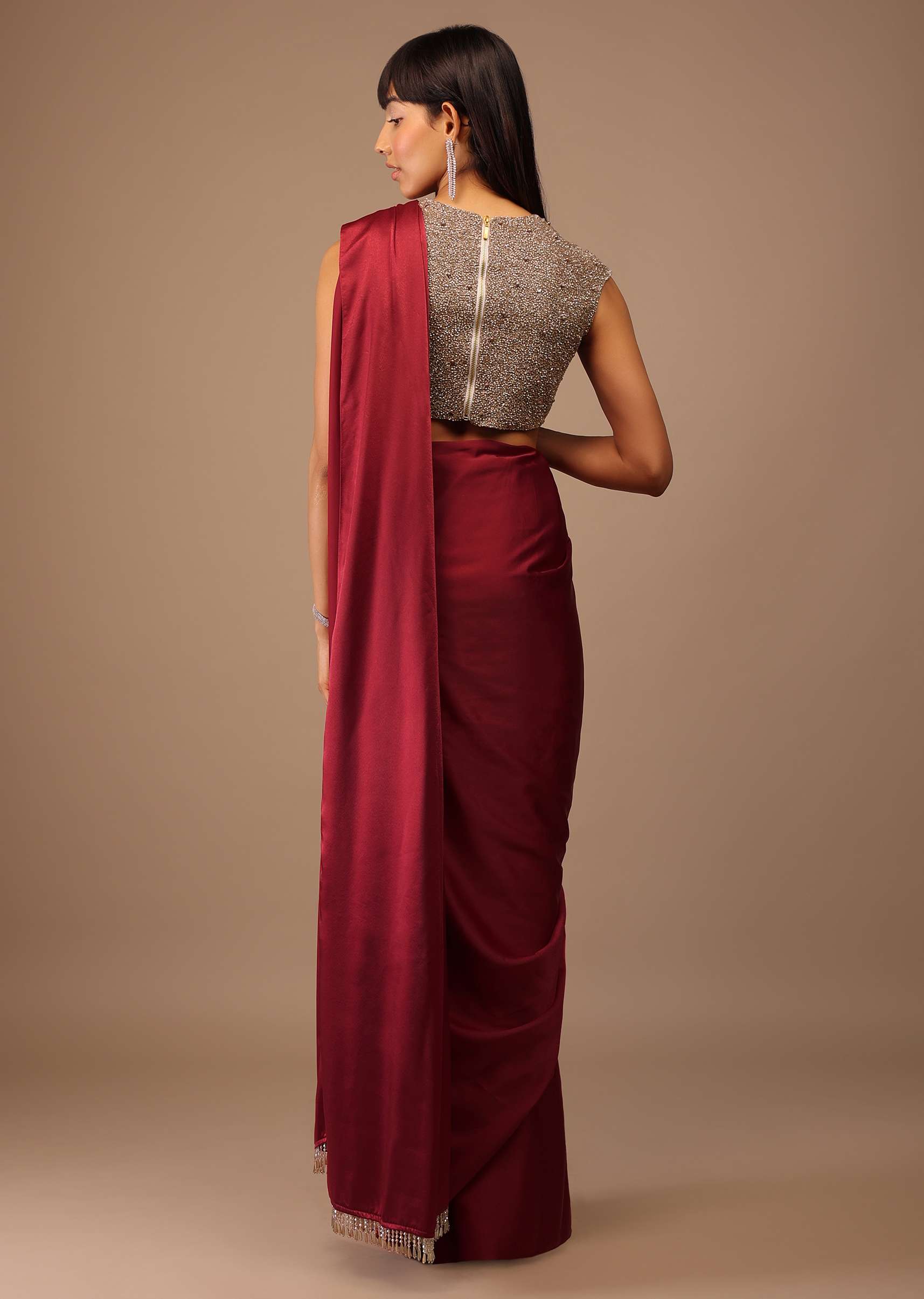 Valentine Red Milano Satin Saree With V Neck Hand Embroidered Crop Top