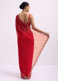 Red Mirror Embellished Organza Saree With Unstitched Blouse