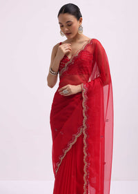 Red Mirror Embellished Organza Saree With Unstitched Blouse