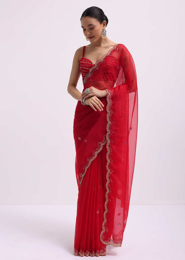 Red Mirror Embellished Organza Saree With Unstitched Blouse