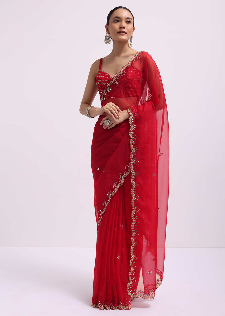 Red Mirror Embellished Organza Saree With Unstitched Blouse