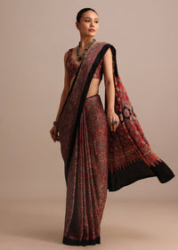 Red Modal Satin Ajrakh Handblock Printed Saree